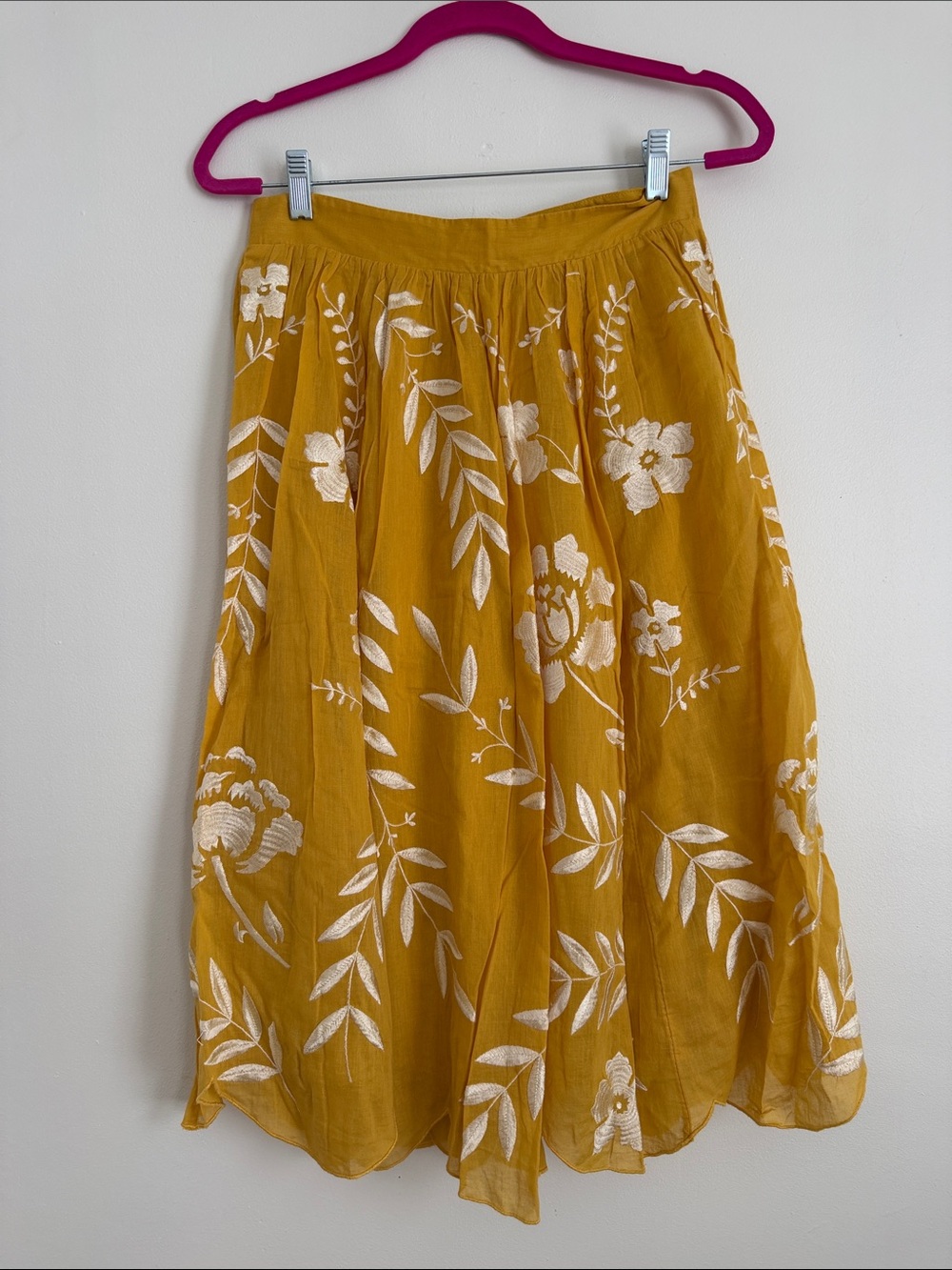 Anthropologie Mustard Yellow Embroidered Midi Skirt